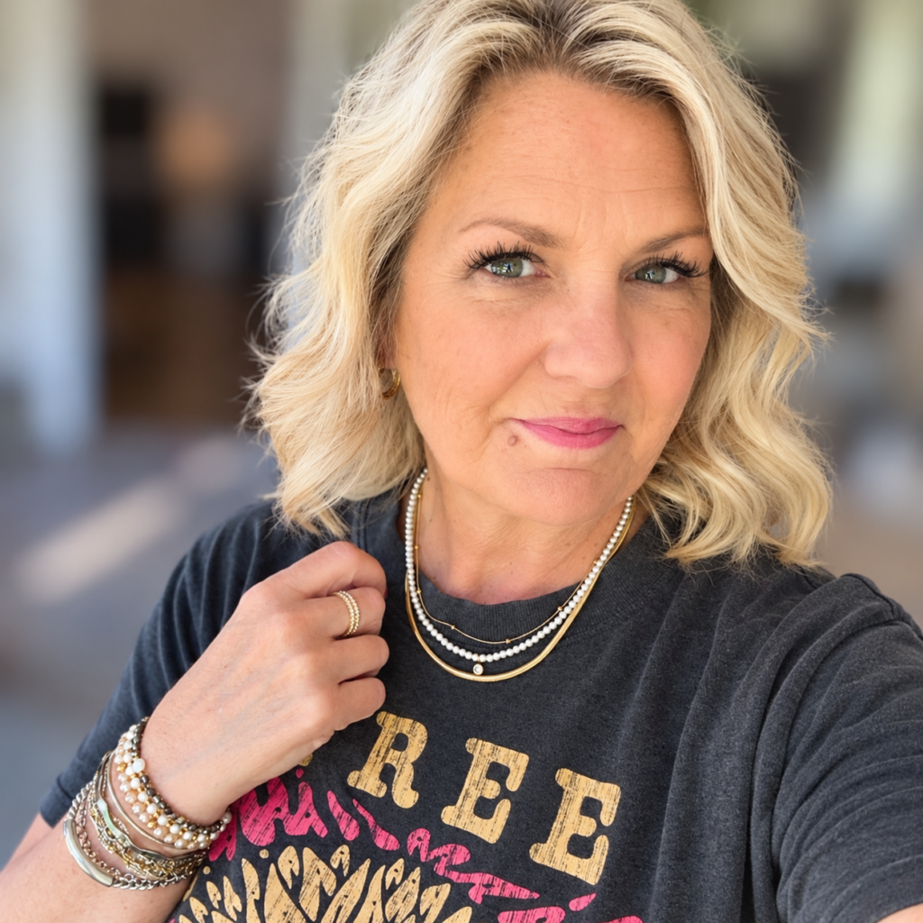 Jules wearing layered jewelry and a casual graphic tee